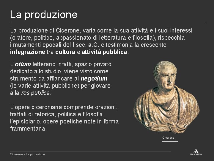 La produzione di Cicerone, varia come la sua attività e i suoi interessi (oratore,