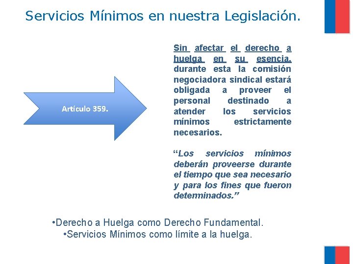 Servicios Mínimos en nuestra Legislación. Artículo 359. Sin afectar el derecho a huelga en