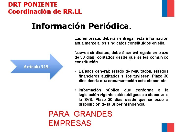 DRT PONIENTE Coordinación de RR. LL Información Periódica. Las empresas deberán entregar esta información