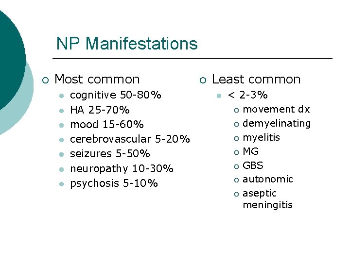 NP Manifestations ¡ Most common l l l l cognitive 50 -80% HA 25