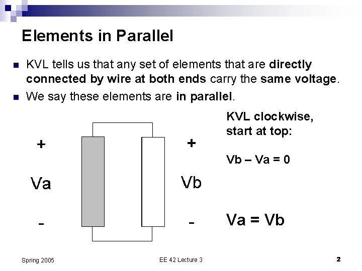Elements in Parallel n n KVL tells us that any set of elements that