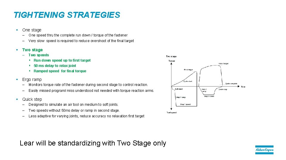 TIGHTENING STRATEGIES § One stage – One speed thru the complete run down /