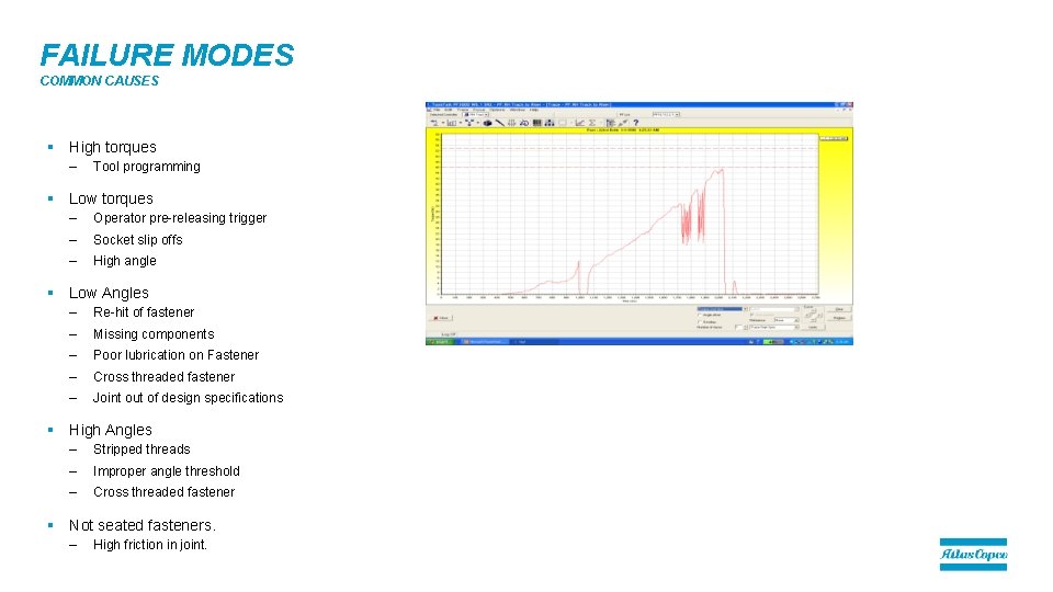 FAILURE MODES COMMON CAUSES § High torques – Tool programming § Low torques –