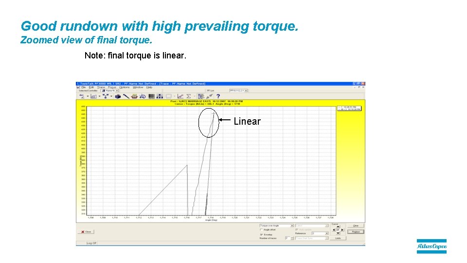 Good rundown with high prevailing torque. Zoomed view of final torque. Note: final torque