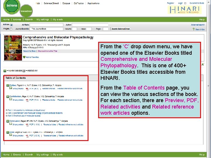 From the ‘C’ drop down menu, we have opened one of the Elsevier Books