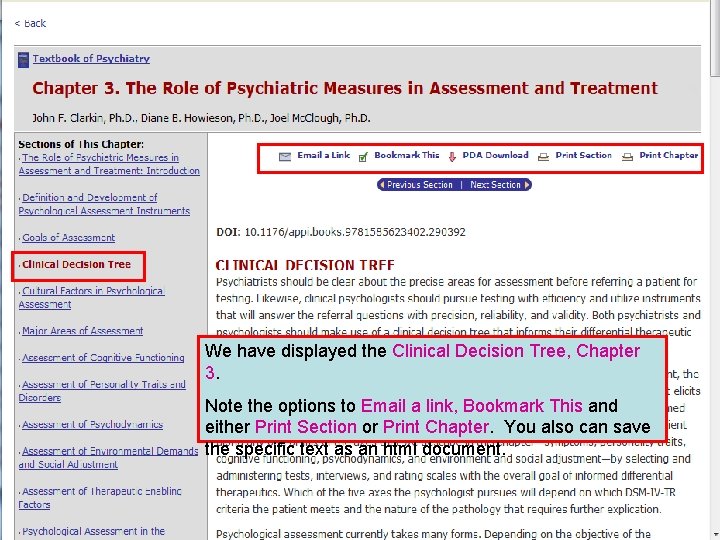 We have displayed the Clinical Decision Tree, Chapter 3. Note the options to Email