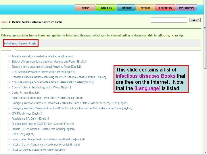 This slide contains a list of infectious diseases Books that are free on the