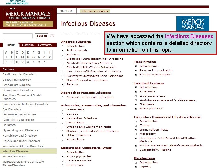 We have accessed the Infections Diseases section which contains a detailed directory to information