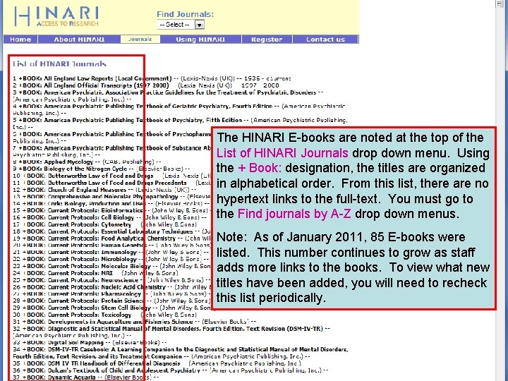 The HINARI E-books are noted at the top of the List of HINARI Journals