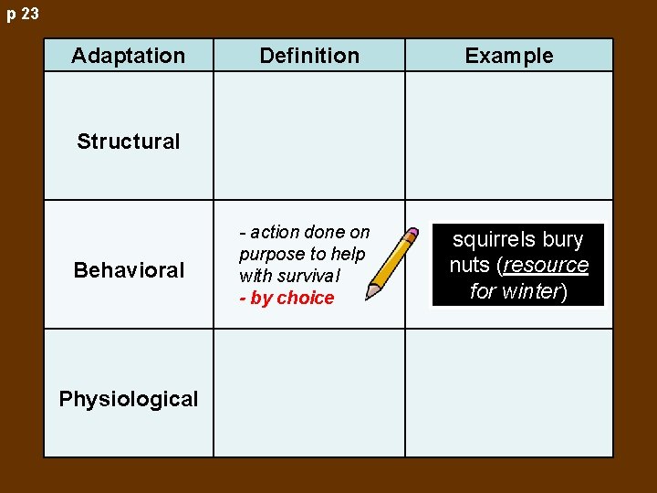 p 23 Adaptation Definition Example Structural Behavioral Physiological - action done on purpose to