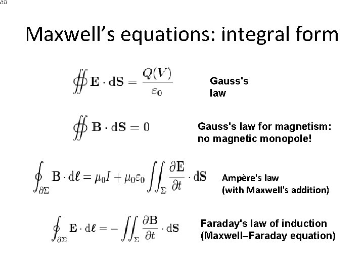 Maxwell’s equations: integral form Gauss's law for magnetism: no magnetic monopole! Ampère's law (with