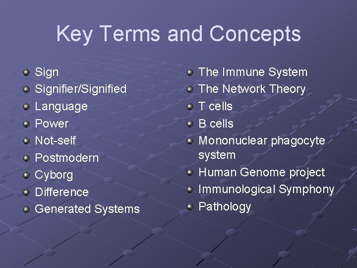 Key Terms and Concepts Signifier/Signified Language Power Not-self Postmodern Cyborg Difference Generated Systems The
