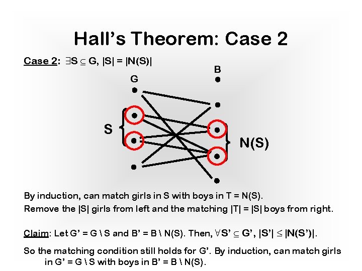 Hall’s Theorem: Case 2: 9 S µ G, |S| = |N(S)| G S B