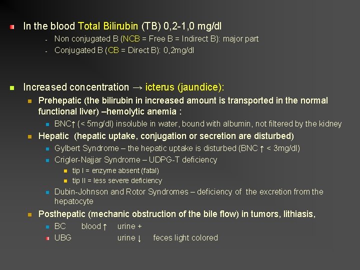 In the blood Total Bilirubin (TB) 0, 2 -1, 0 mg/dl - Non conjugated
