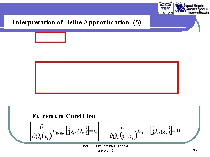 Interpretation of Bethe Approximation (6) • Extremum Condition Physics Fluctuomatics (Tohoku University) 37 