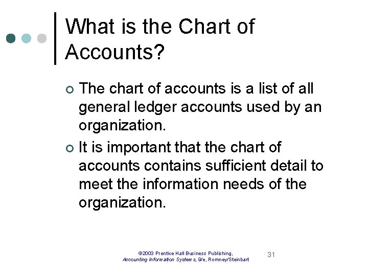 What is the Chart of Accounts? The chart of accounts is a list of