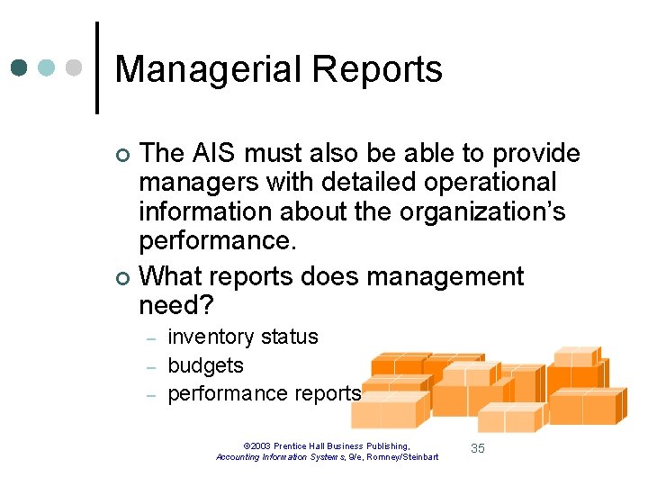 Managerial Reports The AIS must also be able to provide managers with detailed operational