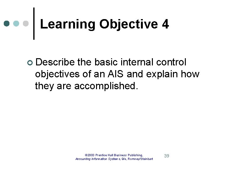 Learning Objective 4 ¢ Describe the basic internal control objectives of an AIS and