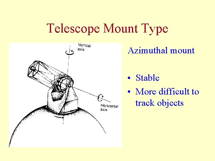 Telescope Mount Type Azimuthal mount • Stable • More difficult to track objects 
