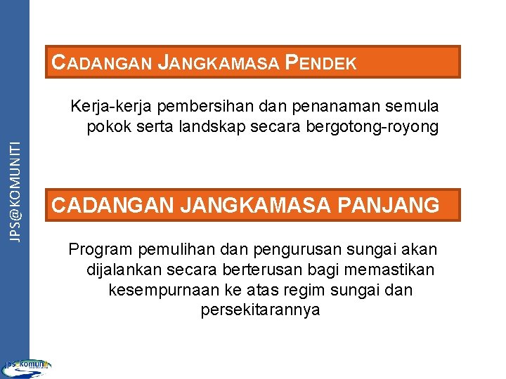 CADANGAN JANGKAMASA PENDEK JPS@KOMUNITI Kerja-kerja pembersihan dan penanaman semula pokok serta landskap secara bergotong-royong