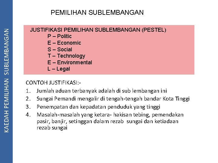 KAEDAH PEMILIHAN SUBLEMBANGAN JUSTIFIKASI PEMILIHAN SUBLEMBANGAN (PESTEL) P – Politic E – Economic S