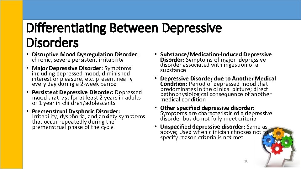 Differentiating Between Depressive Disorders • Disruptive Mood Dysregulation Disorder: chronic, severe persistent irritability •