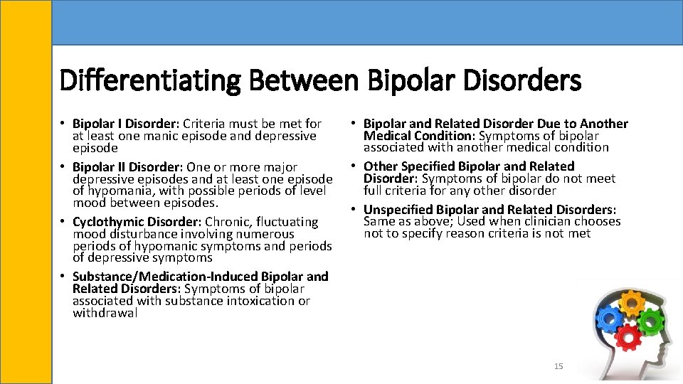 Differentiating Between Bipolar Disorders • Bipolar I Disorder: Criteria must be met for at