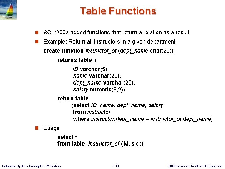 Table Functions n SQL: 2003 added functions that return a relation as a result