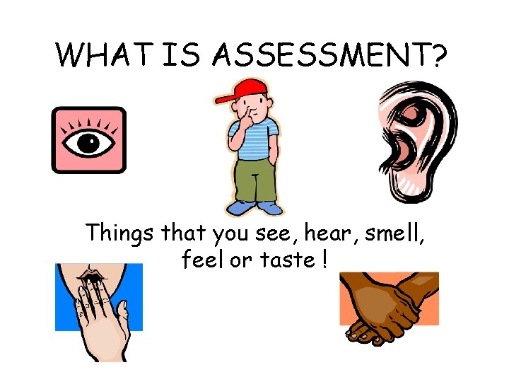 WHAT IS ASSESSMENT? Things that you see, hear, smell, feel or taste ! 