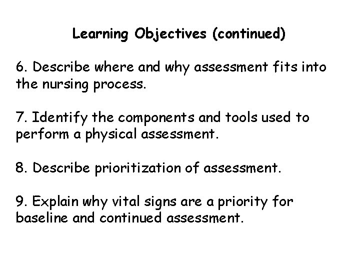 Learning Objectives (continued) 6. Describe where and why assessment fits into the nursing process.