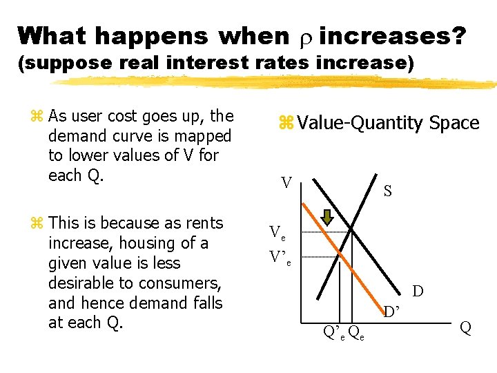 What happens when increases? (suppose real interest rates increase) z As user cost goes