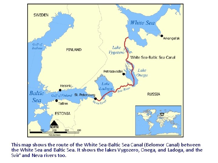 This map shows the route of the White Sea-Baltic Sea Canal (Belomor Canal) between