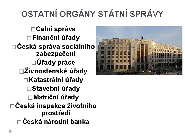 OSTATNÍ ORGÁNY STÁTNÍ SPRÁVY � Celní správa � Finanční úřady � Česká správa sociálního