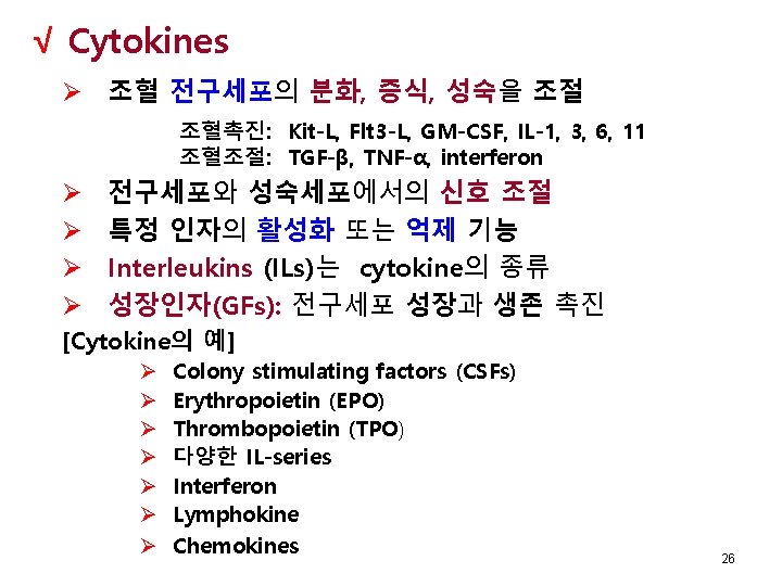  √ Cytokines Ø 조혈 전구세포의 분화, 증식, 성숙을 조절 조혈촉진: Kit-L, Flt 3