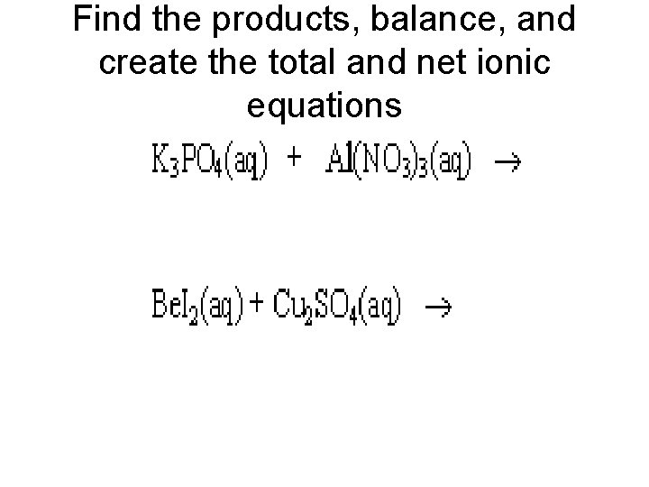 Find the products, balance, and create the total and net ionic equations 