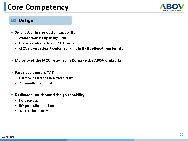 Core Competency 01 Design § Smallest chip size design capability • World smallest chip