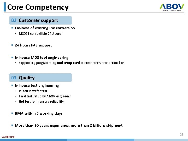 Core Competency 02 Customer support § Easiness of existing SW conversion • M 8051