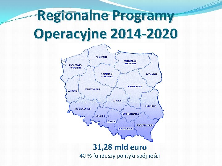 Regionalne Programy Operacyjne 2014 -2020 31, 28 mld euro 40 % funduszy polityki spójności