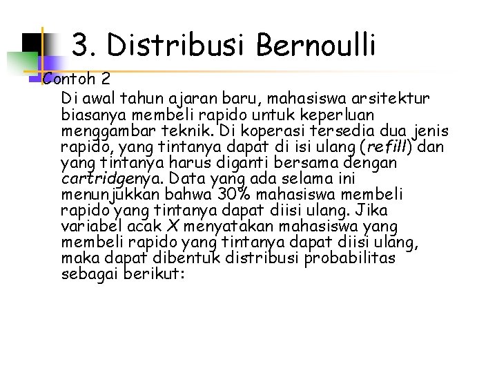 3. Distribusi Bernoulli Contoh 2 Di awal tahun ajaran baru, mahasiswa arsitektur biasanya membeli