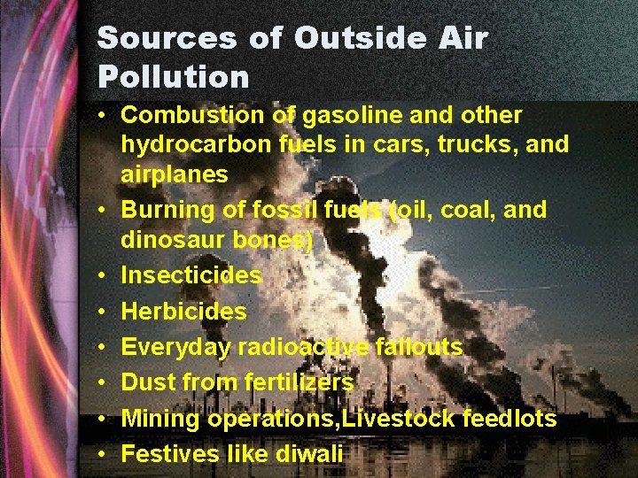 Sources of Outside Air Pollution • Combustion of gasoline and other hydrocarbon fuels in