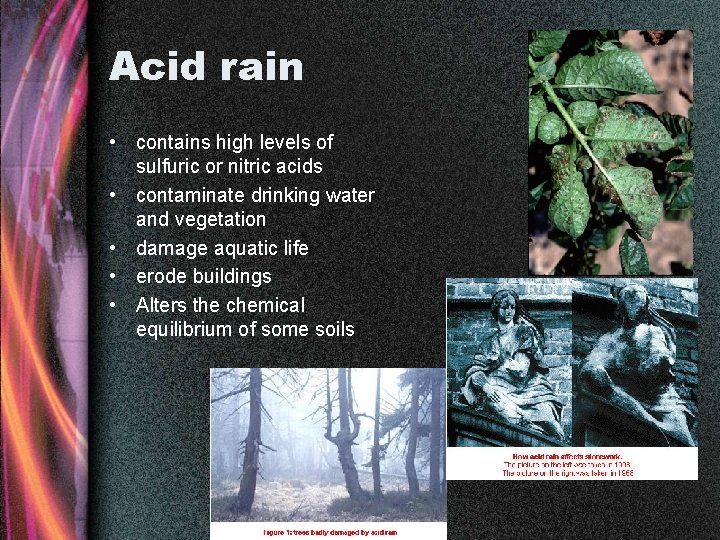 Acid rain • contains high levels of sulfuric or nitric acids • contaminate drinking