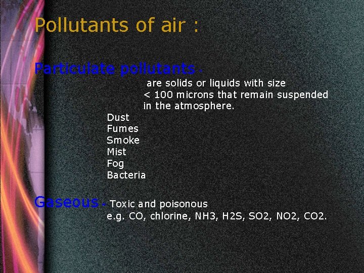 Pollutants of air : Particulate pollutants - are solids or liquids with size <