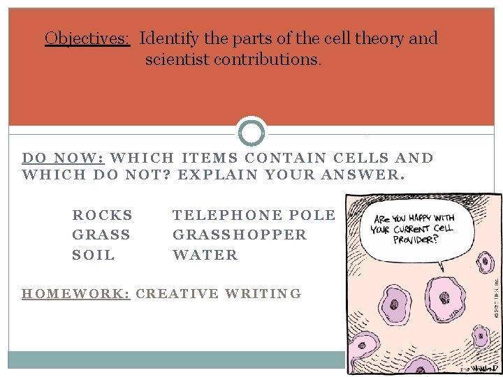 Objectives: Identify the parts of the cell theory and scientist contributions. DO NOW: WHICH