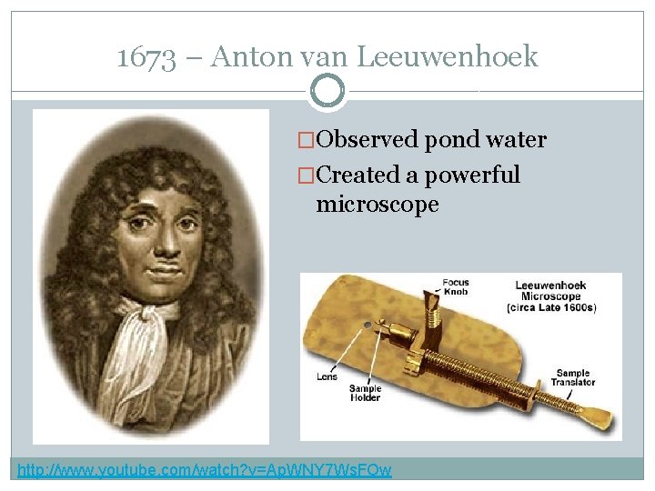 1673 – Anton van Leeuwenhoek �Observed pond water �Created a powerful microscope http: //www.