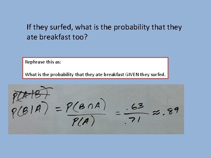 If they surfed, what is the probability that they ate breakfast too? Rephrase this If they surfed, what is the probability that they ate breakfast too? Rephrase this