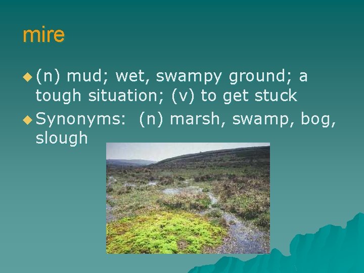 mire u (n) mud; wet, swampy ground; a tough situation; (v) to get stuck