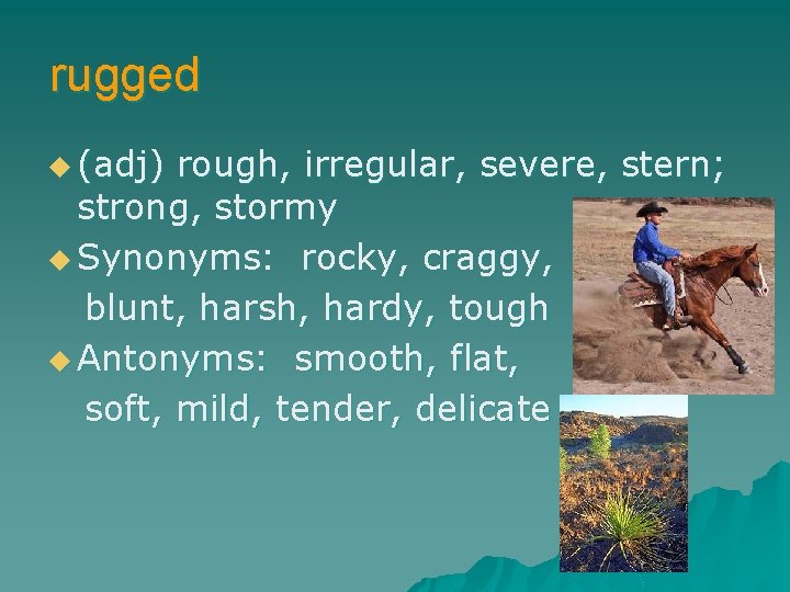 rugged u (adj) rough, irregular, severe, stern; strong, stormy u Synonyms: rocky, craggy, blunt,