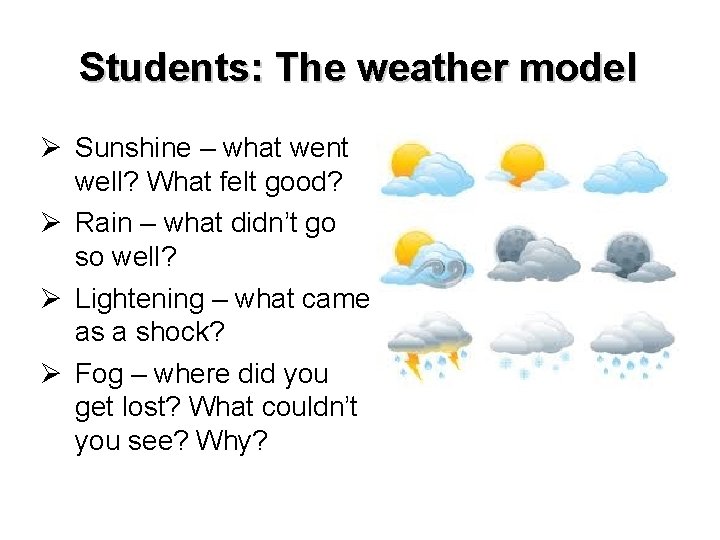 Students: The weather model Ø Sunshine – what went well? What felt good? Ø