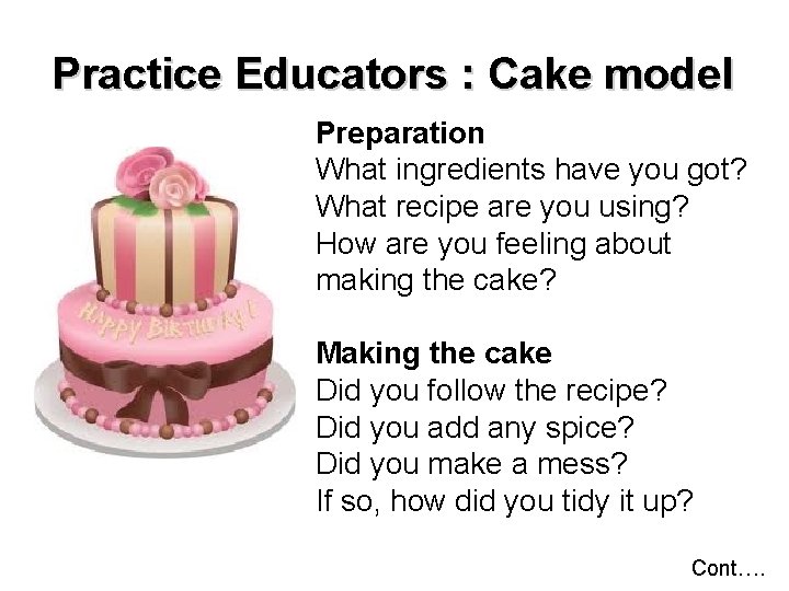 Practice Educators : Cake model Preparation What ingredients have you got? What recipe are