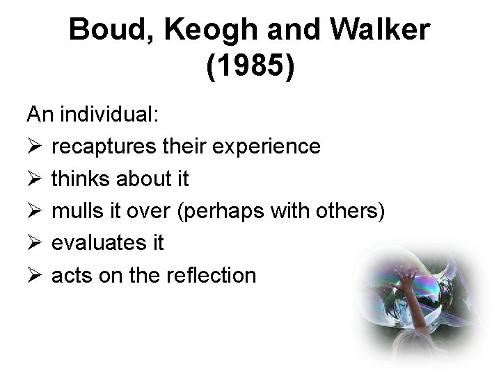 Boud, Keogh and Walker (1985) An individual: Ø recaptures their experience Ø thinks about